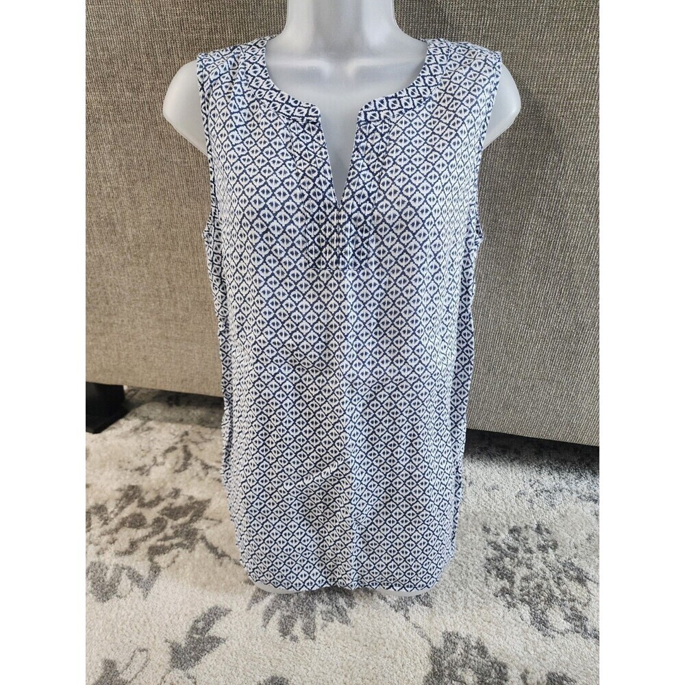 Talbots Med Blue White Shell Tank top Coastal Grandma Summer Nautical Sleeveless